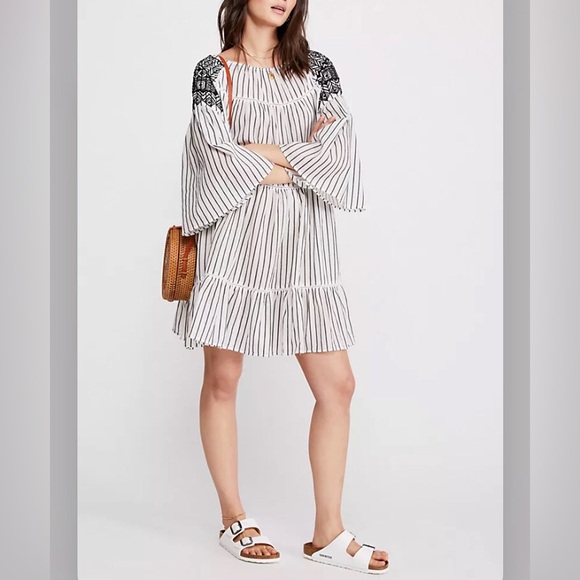 Free People Mini Dress Tunic Lola Tiered Off White & Black Embroidered Dress NWT - Picture 5 of 12